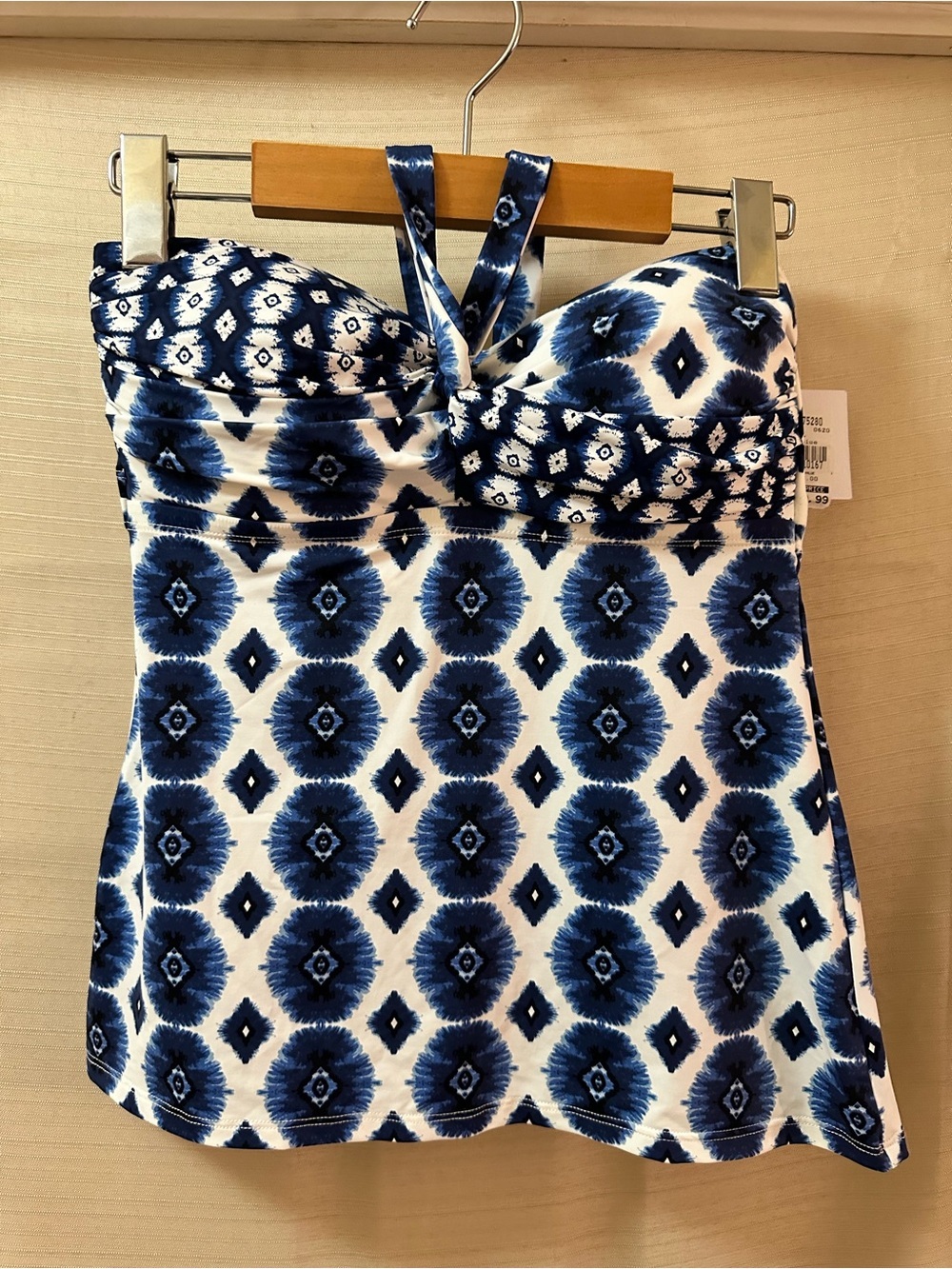 Skye Blue White Geometric Tankini Swim Top Halter Tummy Control Small